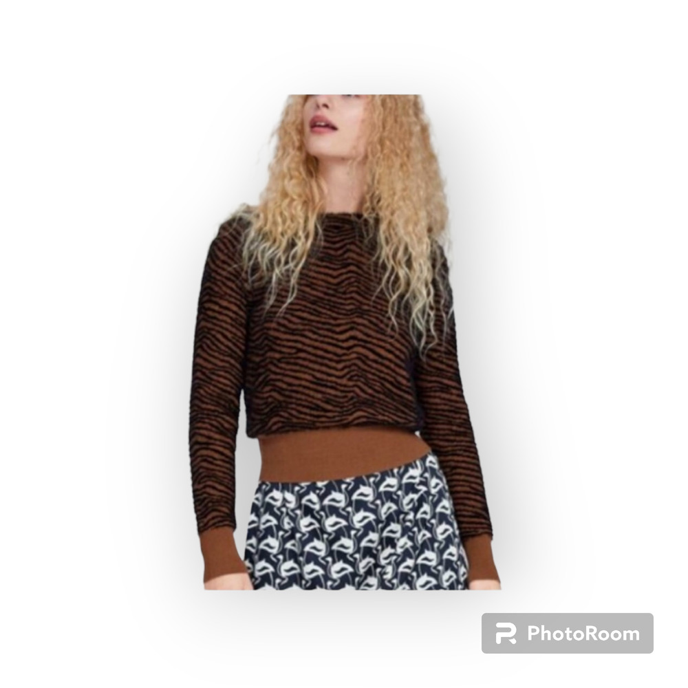Zara Brown Zebra Print Crew Neck Sweater